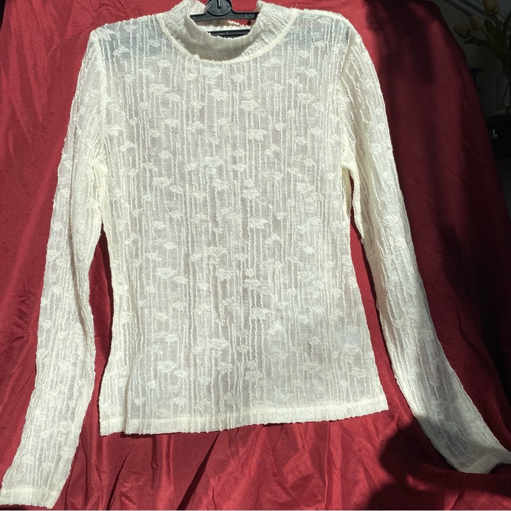 RW&CO. Cream sheer floral lace Women Top wool blend romantic dreamy long sleeve